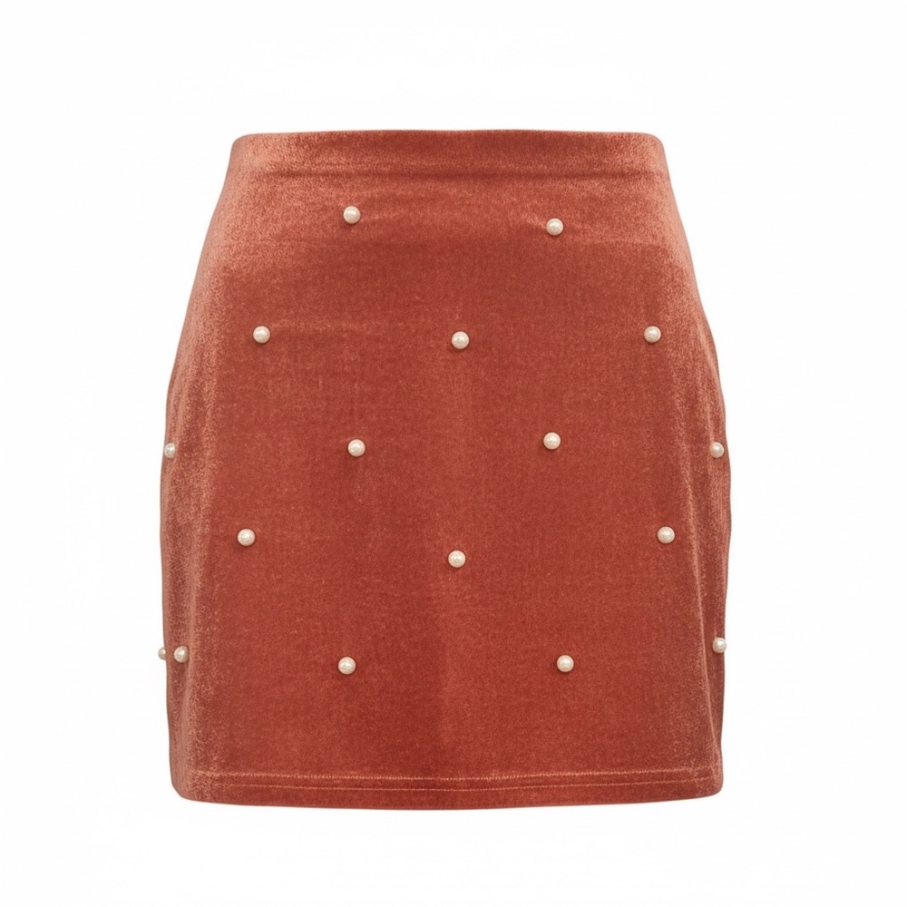 Rust Velvet Mini Skirt Pearl Studded Y2K Holiday Party XS